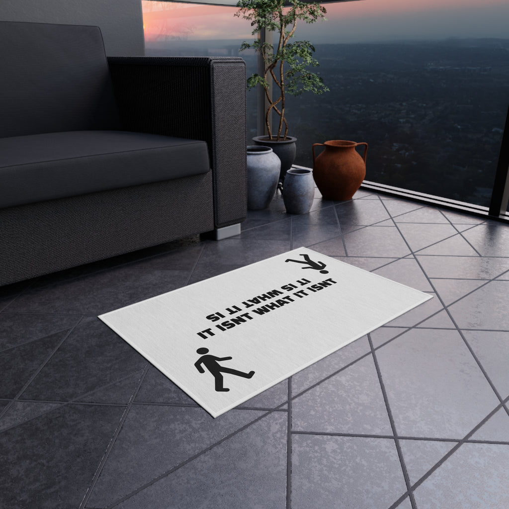 It Isn't What It Isn't phrase Outdoor Rug | Upside Down Figures, Minimal Black Text