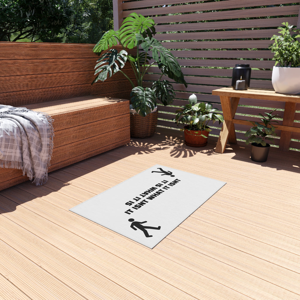 It Isn't What It Isn't phrase Outdoor Rug | Upside Down Figures, Minimal Black Text